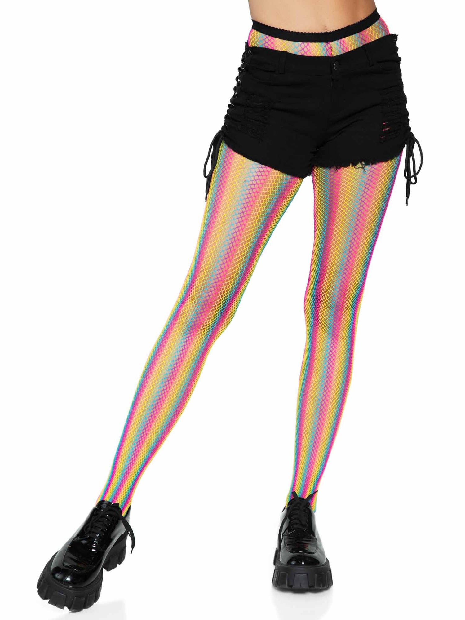 "Neon Rainbow Striped Fishnet Tights - One Size - Multicolor LA-9970MULOS"